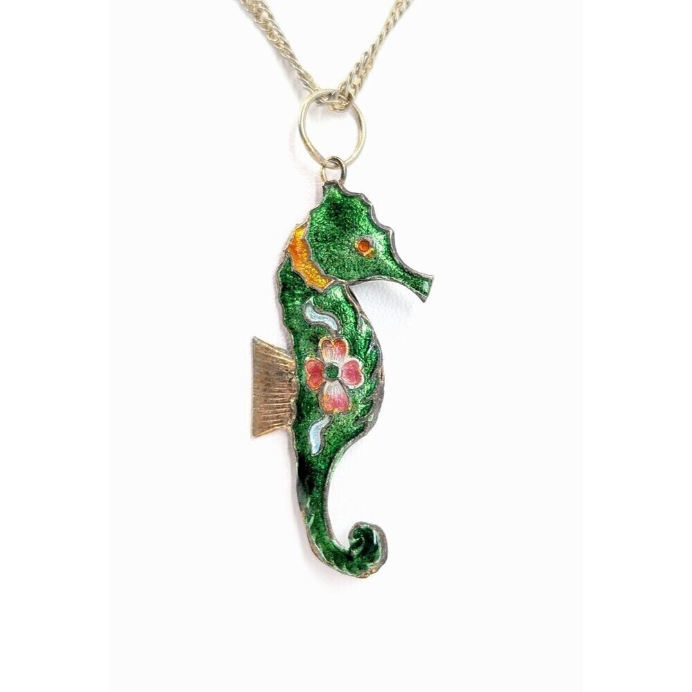 VTG Seahorse Necklace Green Enamel Cloisonne 14KGP Gold Plated Chain Art to Wear